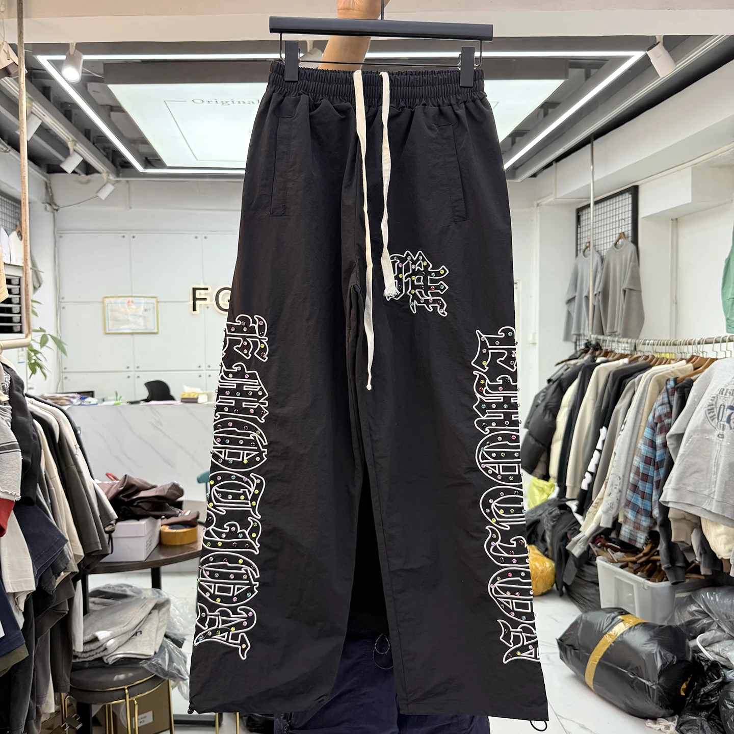 

Американские свободные повседневные брюки прямого кроя с вышитой талией для мужчин и женщин с эластичной резинкой на талии