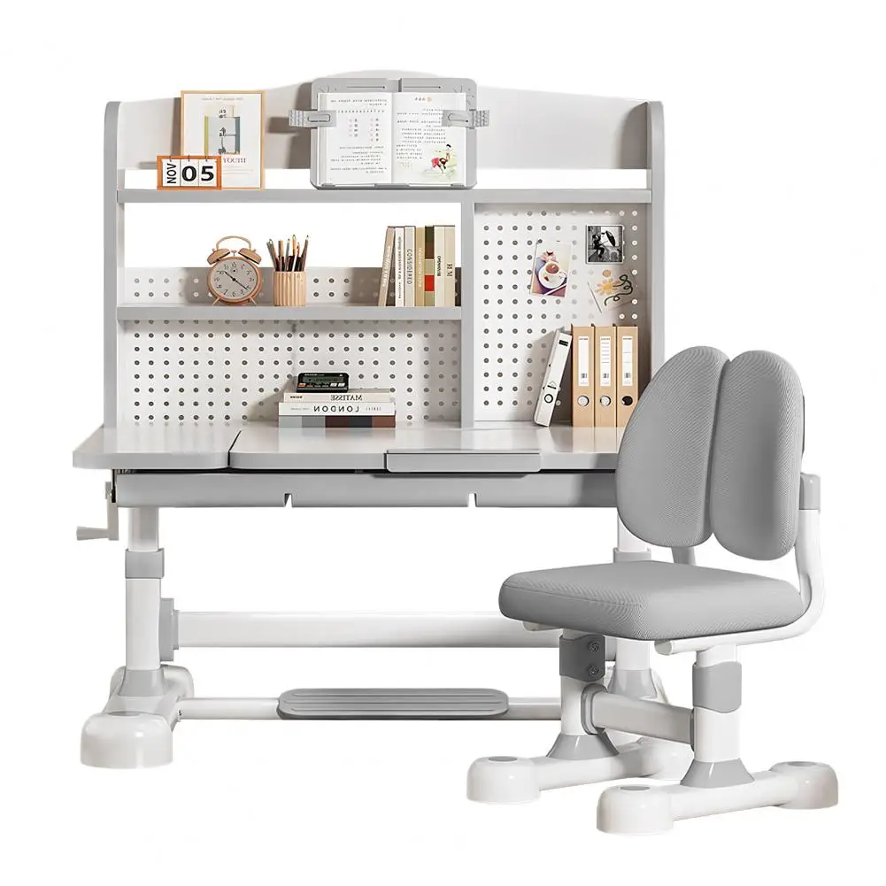 Study Desk And Chair Set for Kids, Height Adjustable Ergonomic Learning Table with Tiltable Desktop, Large Storage Drawer, Books