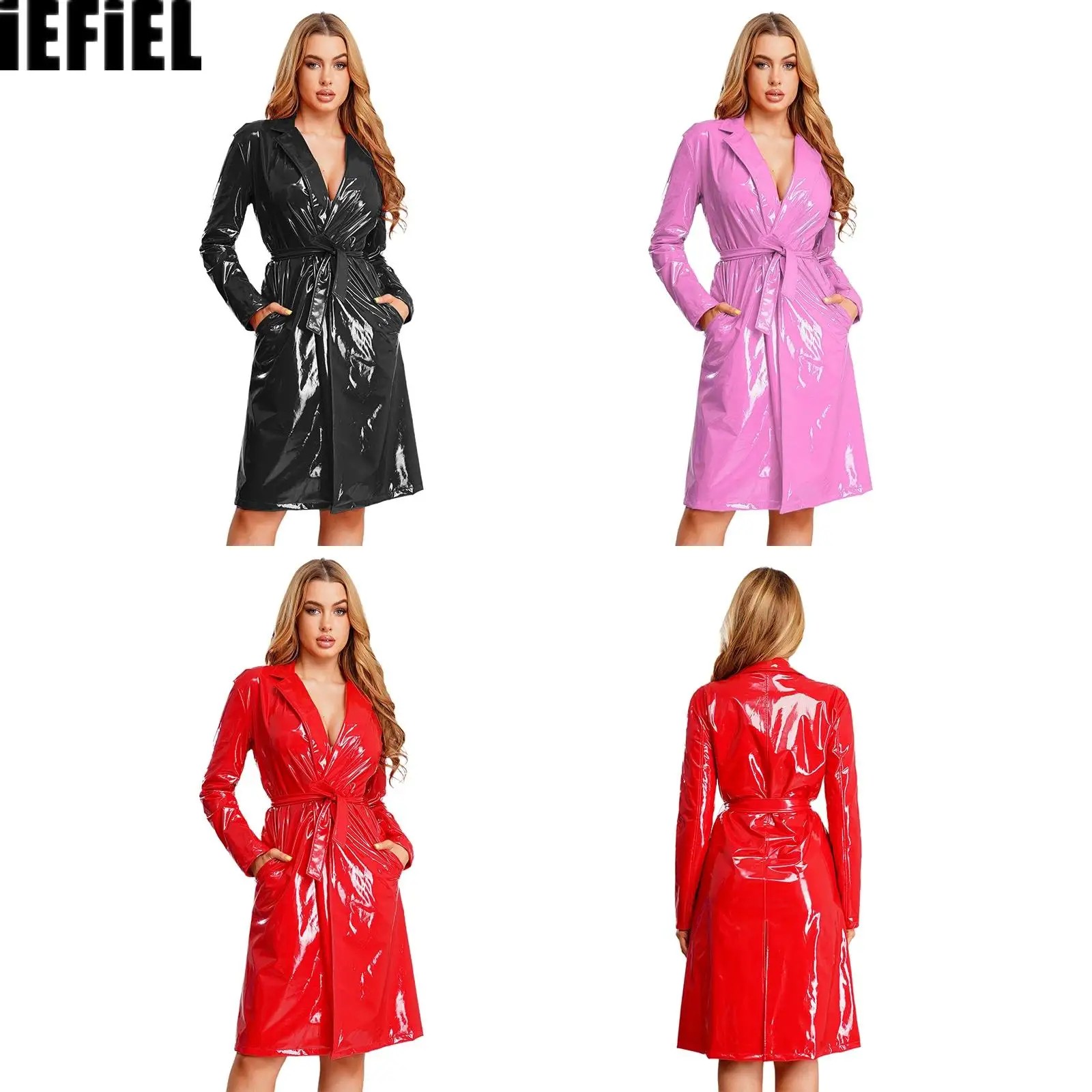 

Women Trench Coat Blazer Lapel PU Leather Glossy Open Front Long Jackets with Belt for Casual Life Streetwear Vacation