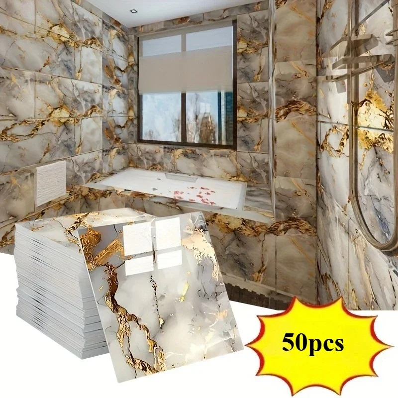 50pcs Glossy Marble Pattern Imitation Tile Self-Adhesive Wall Stickers Peel and Stick Waterproof Wallpaper for Bathroom Kitchen