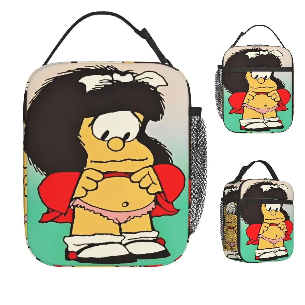 

Mafalda Comic Cartoon Kawaii Lunch Bag Vintage Lunch Box For Child Beach Portable Zipper Cooler Bag Graphic Design Tote Food Bag