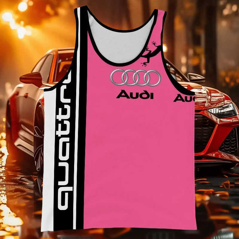 

2025 new summer hot-selling Audi quattro3D printed men's vest breathable casual fashion cool quick-drying MOTO vest pink