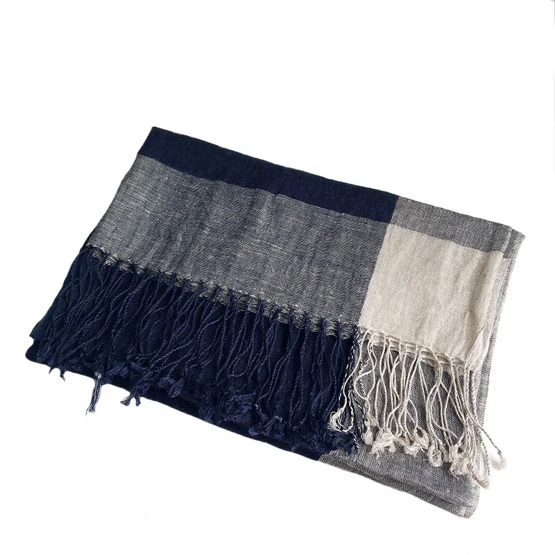 Large Size Summer Pure Linen Scarf Striped Beach Sunscreen Linen Scarf Autumn And Winter Warm Big Tassel Navy Blue Scarves