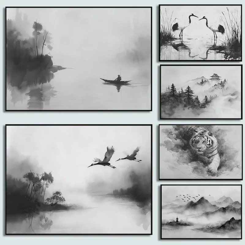 1PC frameless decorative art print,Japanese Monochrome Ink Landscape Art Print Misty Mountain Valley Zen Decor Asian Fisherman M