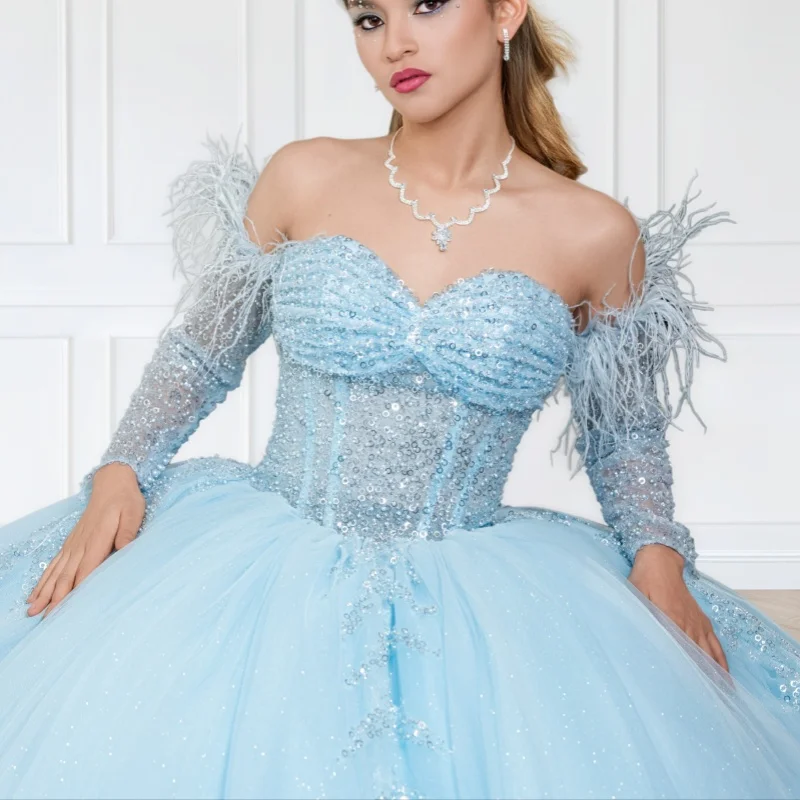 

Light Blue Quinceanera Dress off-shoulder Sequins Pearl Decal Lace Layering Long tail vestidos de 15 Quinceanera ﻿Customize