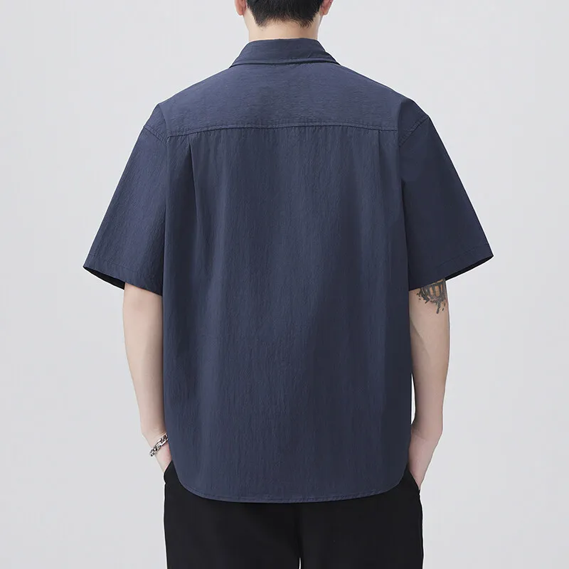 Men's Japanese Retro Summer Splice Pocket Short Sleeve Techwear Cargo Shirt Man Loose Casual Plus Size Blouses Shirts