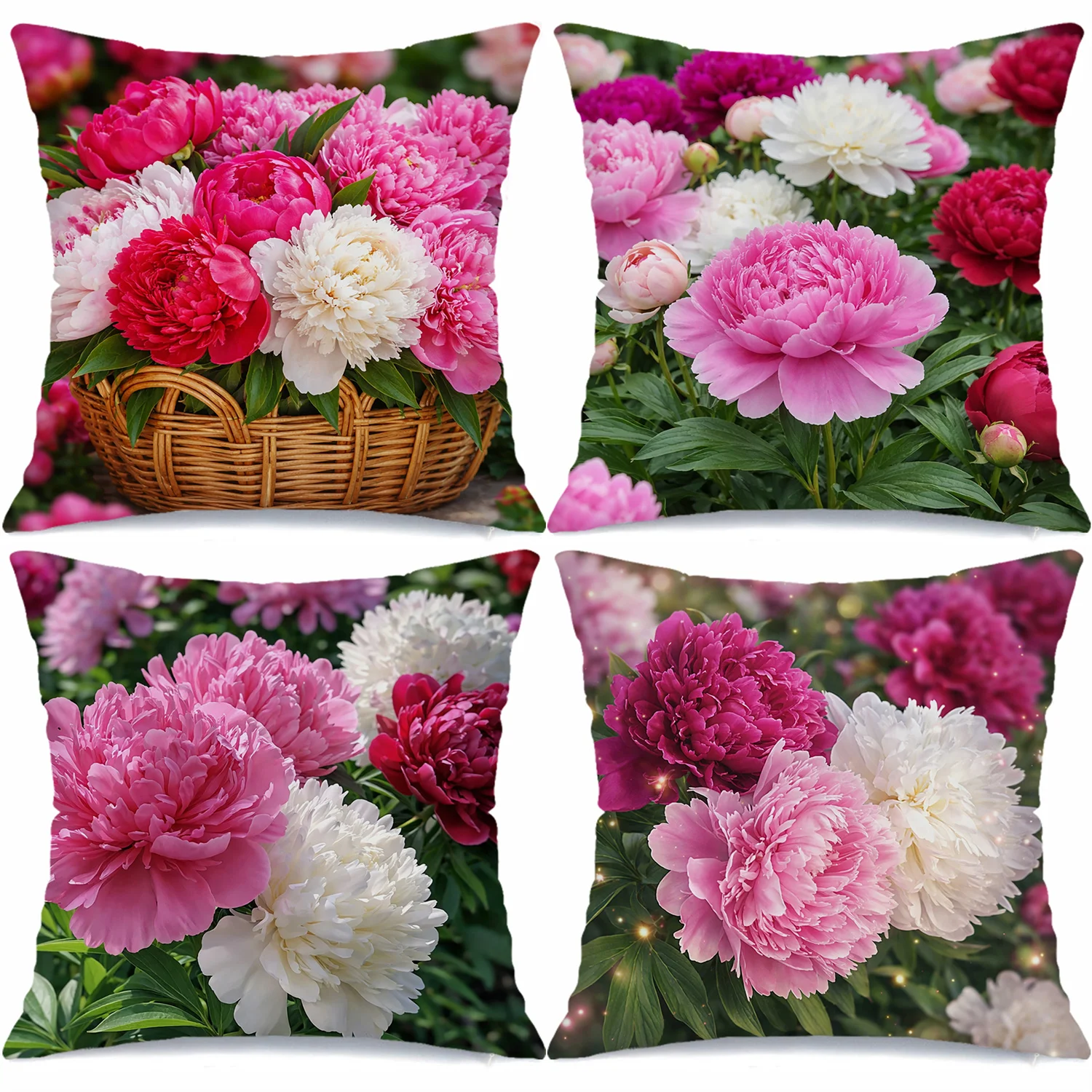 Bunter Kissenbezug mit Pfingstrosen-Blumenmuster, Digitaldruck, Kurzplüsch, geeignet für Wohnzimmer, Schlafzimmer, Sofas, Dekokissenbezug
