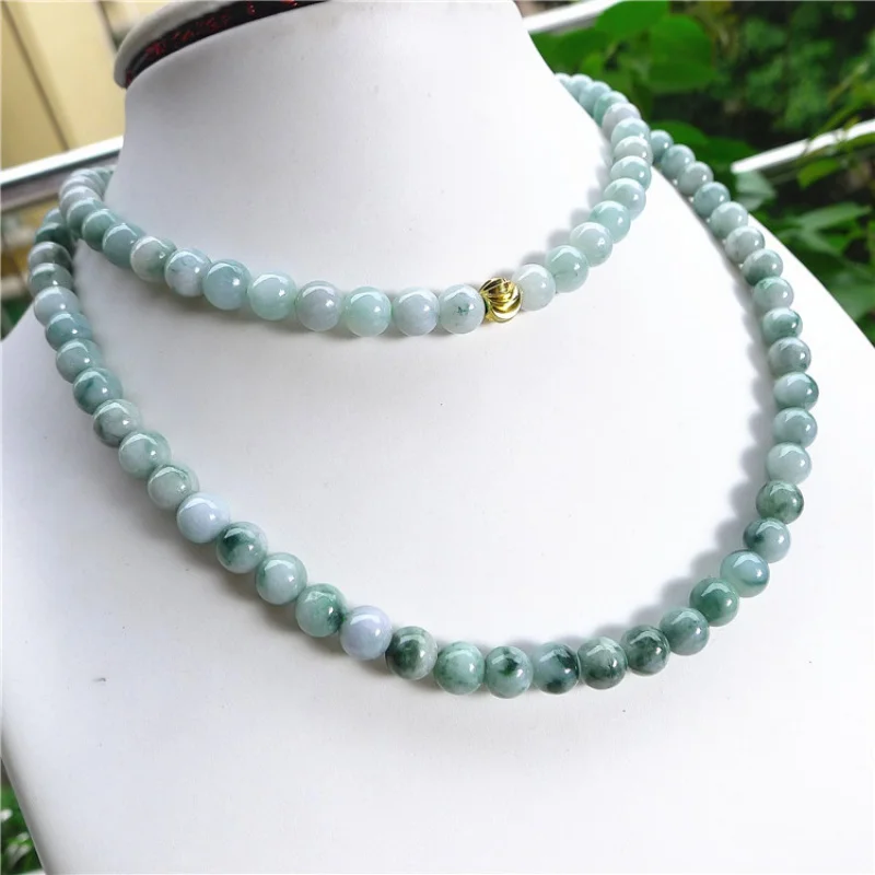 Myanmar Ice Glutinous Rice Floating Flower Necklace Wholesale Jade round Beads Sweater Chain Jewelry