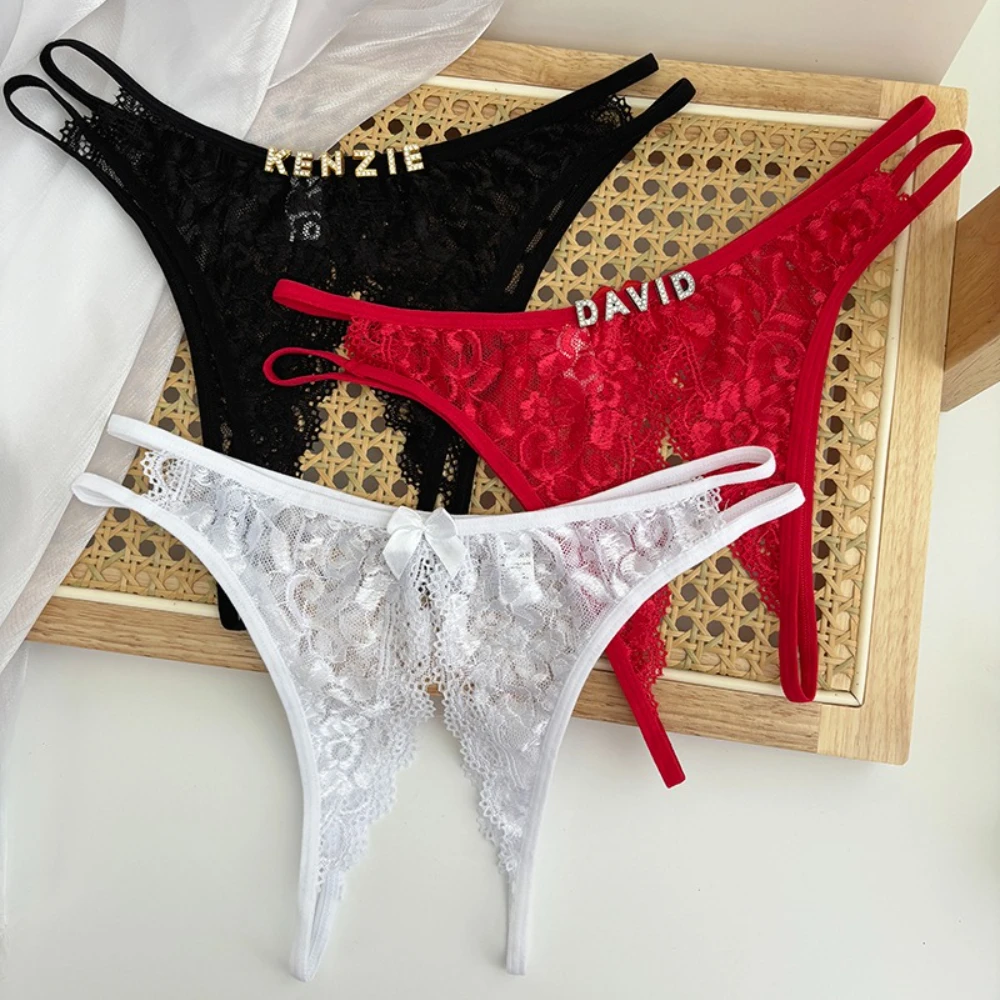 Custom Name Crystal Letter Briefs Sexy Lace Crotchless Knickers Hollow Waist Panties Open Gear Underpants Girlfriend Wife Gift