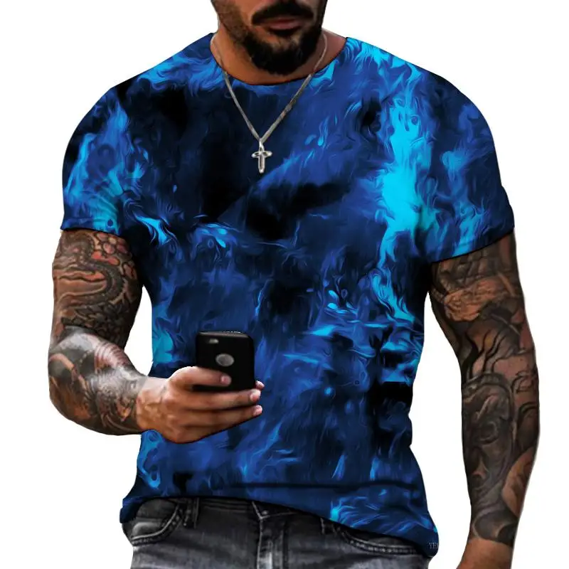 Men Blue Flame Abstract 3D Print Crew Neck Short Sleeve Streetwear Tee