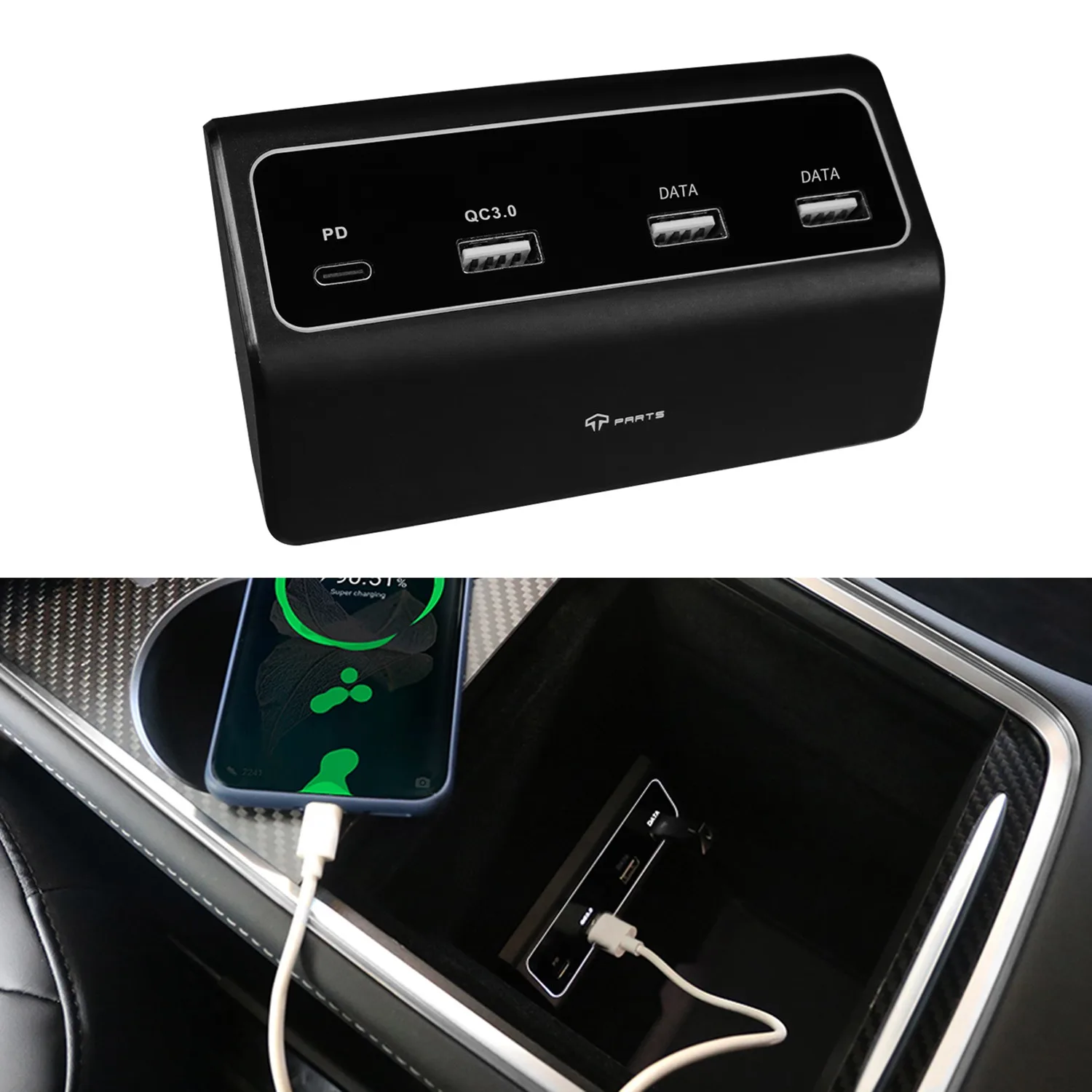 4 In 1 USB Hub Multiport Adapter, for Tesla Model3 Y Center Console HUB with Dual DATA Ports PD Fast Charge