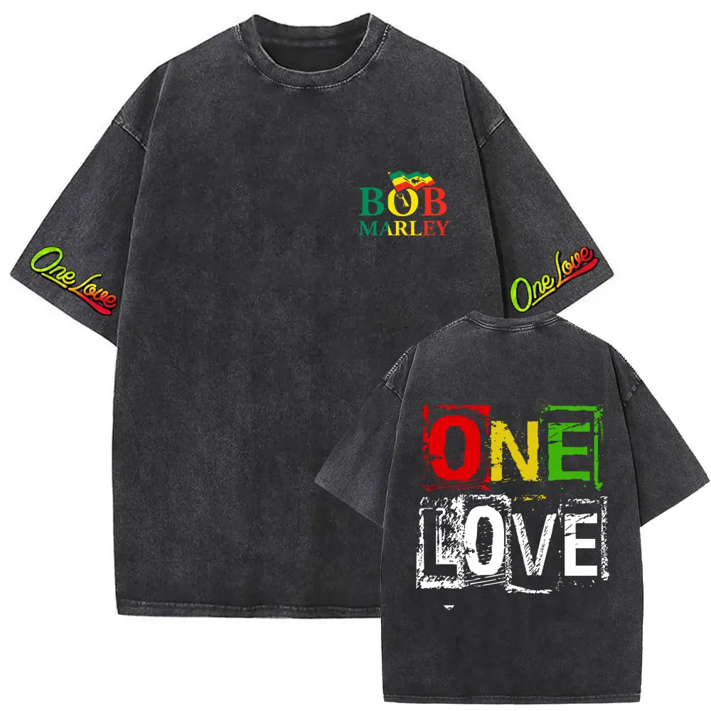 Washed Vintage Reggae Bob Marley One Love Graphic Print T-shirts Men Women Clothes Casual Cotton Retro T Shirts 90s Streetwear
