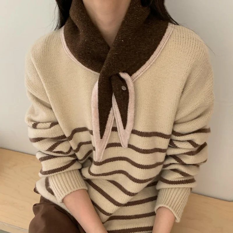 2025 koreanische Mode Farbe blockiert Dreieck Schal Schal frauen Winter Warme Alle Wolle Gestrickte Schal Schal Kreuz Hals