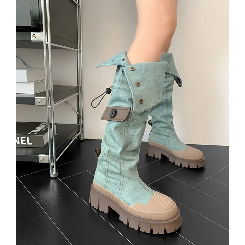 

MKKHOU Fashion Knee high Boots Women's New High Quality Denim Boots Street Leisure Round Head Elevated Thick Bottom Modern Boots