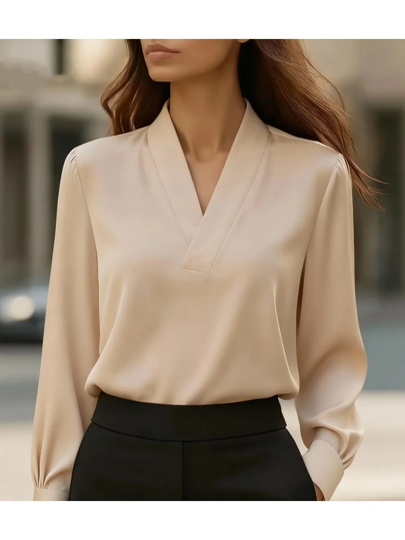 

Elegant V-Neck Long Sleeve Blouse for Women Soft Satin Office Chic Top