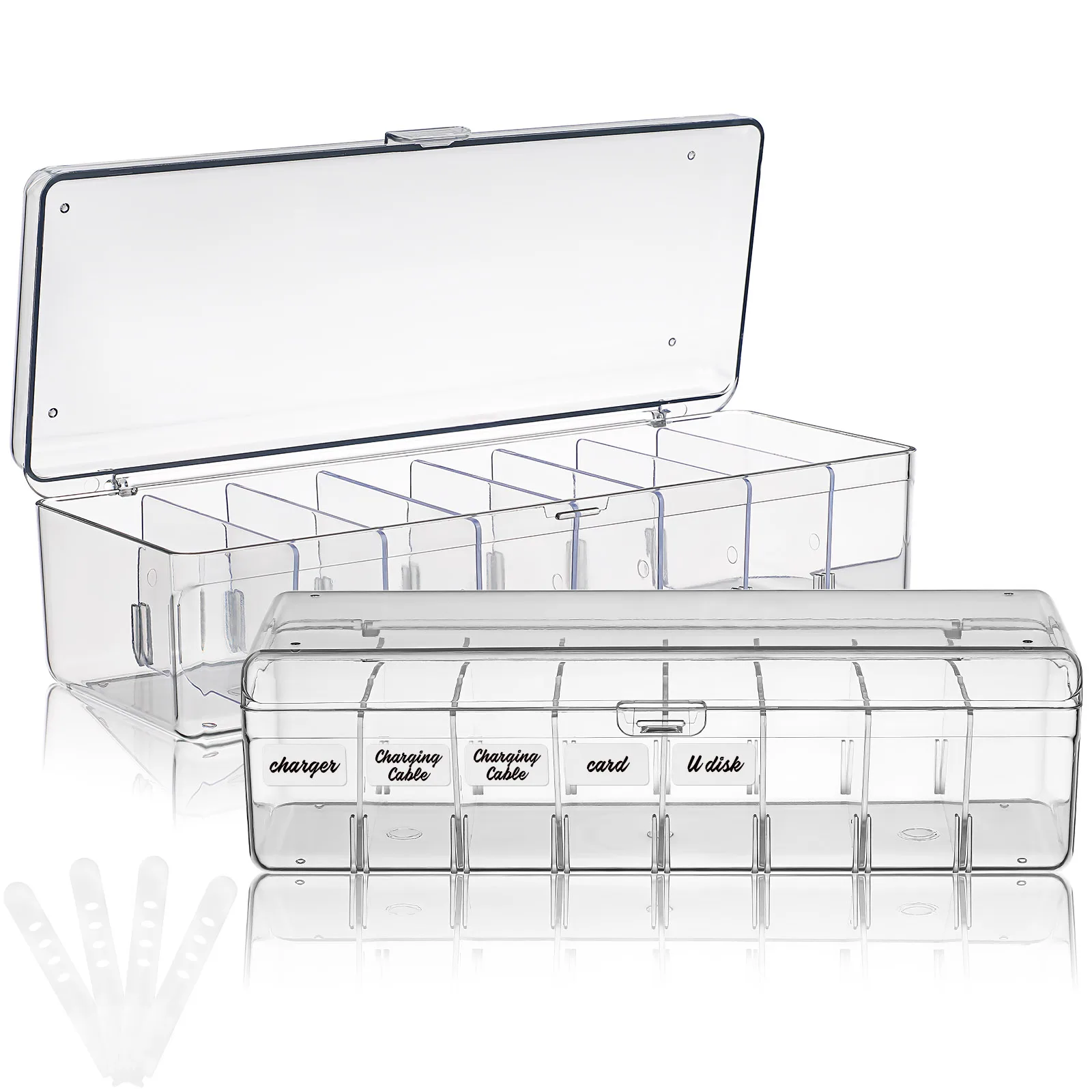 

2Pcs Data Cable Storage Box Transparent Wire Organizer Box Cord Management Case Label Stickers Cable Ties Portable Grid Design