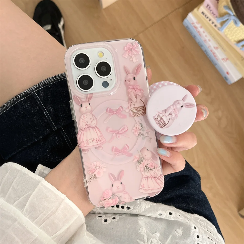 

Rabbit Flower Magnetic Holder Magsafe Wireless Charge Phone Case For iPhone 16 15 14 13 Pro Max lovely bow bunny pattern Cover