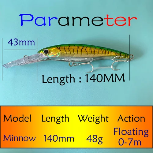 Imagen 2 del producto Señuelo de Pesca Testar 140mm 48g Trolling Minnow barco de agua salada pescado de hundimiento lento Wobblers artificiales cebo duro para Pesca de atún GT