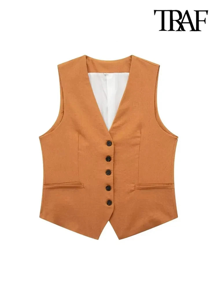 TRAF Women Fashion Front Button Linen Waistcoat Vintage V Neck Sleeveless Female Outerwear Chic Vest Tops