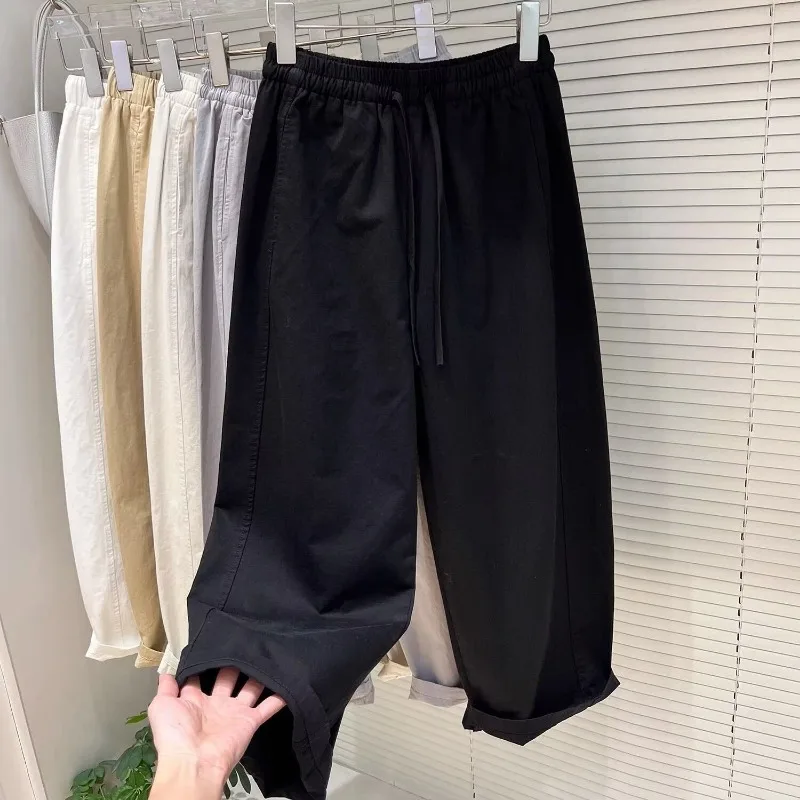 Women Elastic Drawstring High Waist Curved Cropped Pants Loose Casual Solid Color Nine Point Trousers For Petite