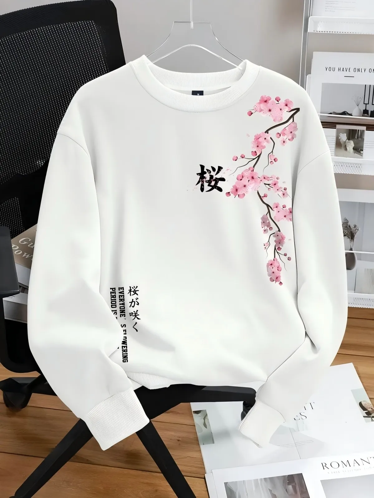 American style new men's autumn cherry blossom letter print comfortable soft round neck long sleeved T-shirt outdoor street top