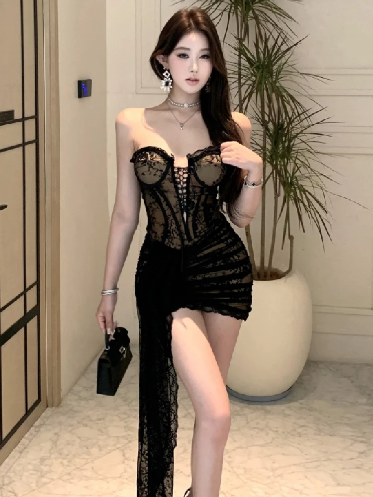 

Sexy Lace Dr with Saes Irregular Hem High Waist Bal Slimming for Trendy Ladies ort Svel Pure Color