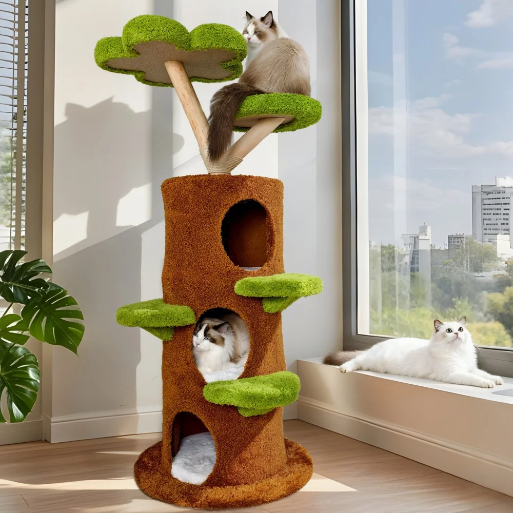 Luxuriöser Moderner Katzenbaum aus Holz mit Kratzstamm und Katzenhöhle als Haustiermöbel