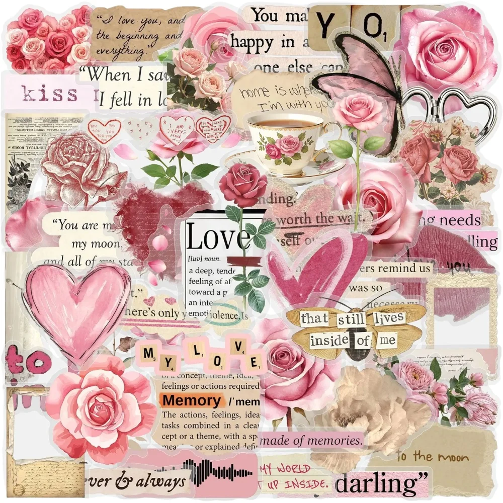 50 Stück Vintage Rosen & Liebe PET Graffiti-Aufkleber im Retro-Stil Einzigartige Dekorative Tagebuch-Etiketten Handgemachte Kunstbedarf