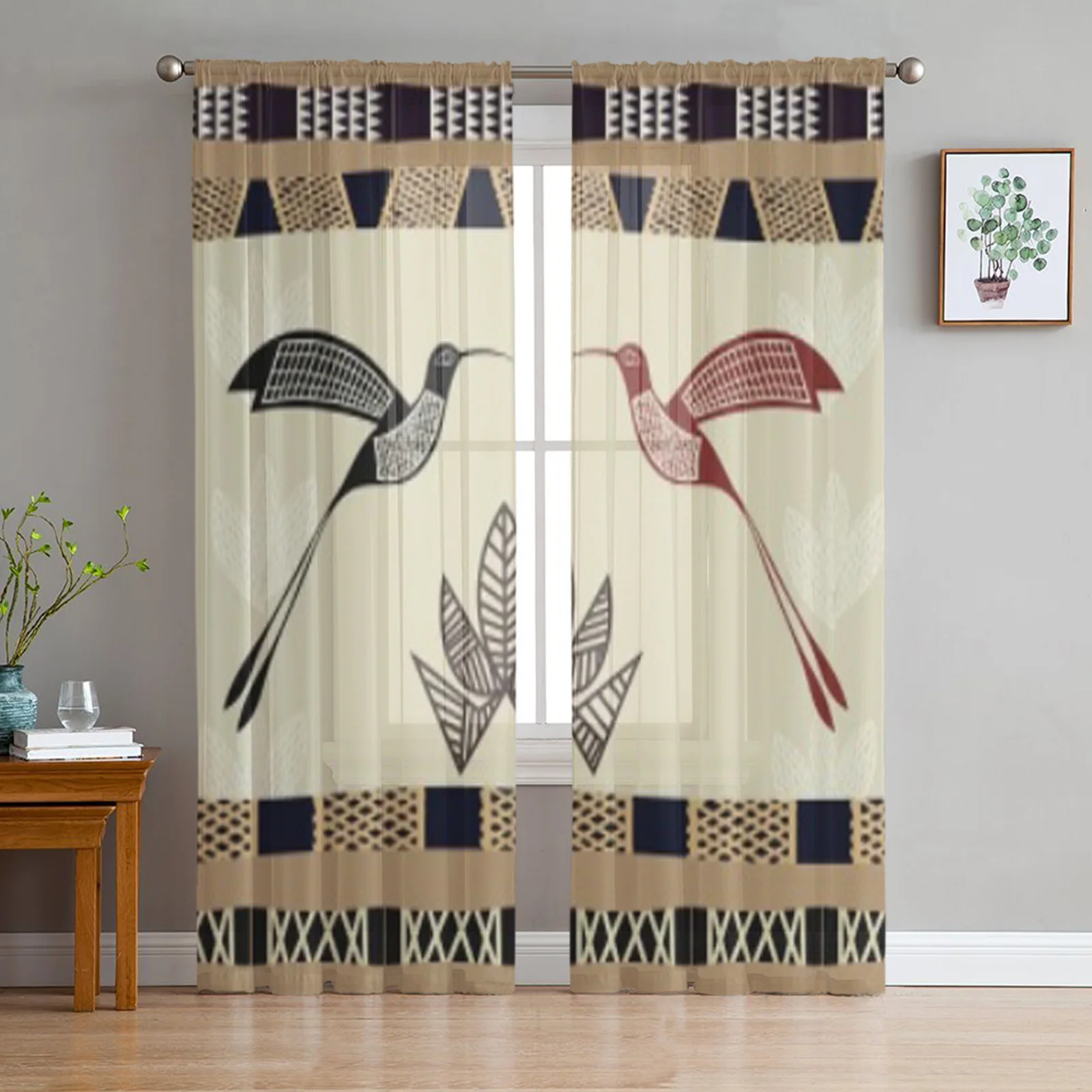 Abstract Texture Bamboo And Hummingbirds Tulle Sheer Curtains for Living Room Bedroom Kitchen Decoration Voile Organza Curtains