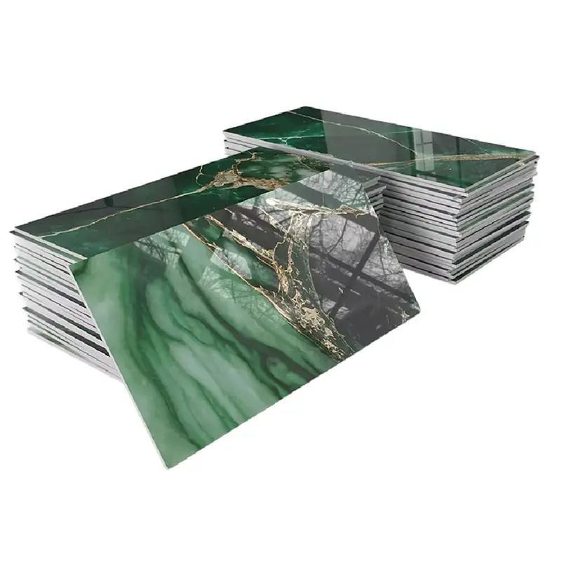 LLCS-32Pcs Thick PET Glossy Subway Tile Sticker Subway Tile ,Golden Veined Emerald Marble