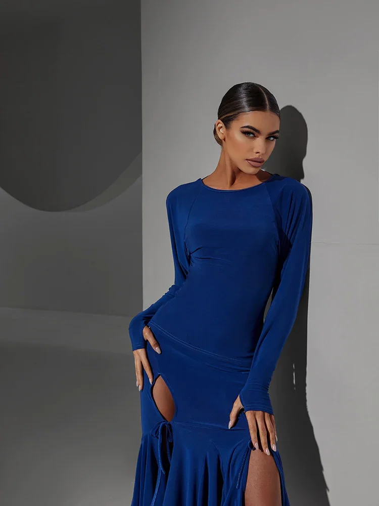 ملابس علوية للرقص اللاتيني للسيدات مفتوحة الظهر باللون الأزرق وأكمام الخفافيش فضفاضة تناسب أزياء لاتينية لقاعة الرقص على الساحل # 2301