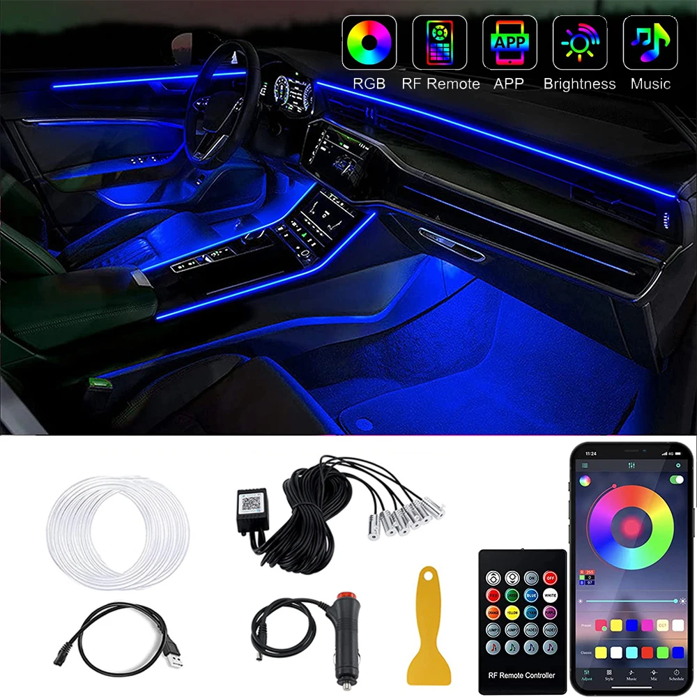 RGB Led Car Interior Atmosphere Ambient Lights 6/8m Neon Fiber Optic Light Strips USB APP Music Control Auto LED Decorative Lamp