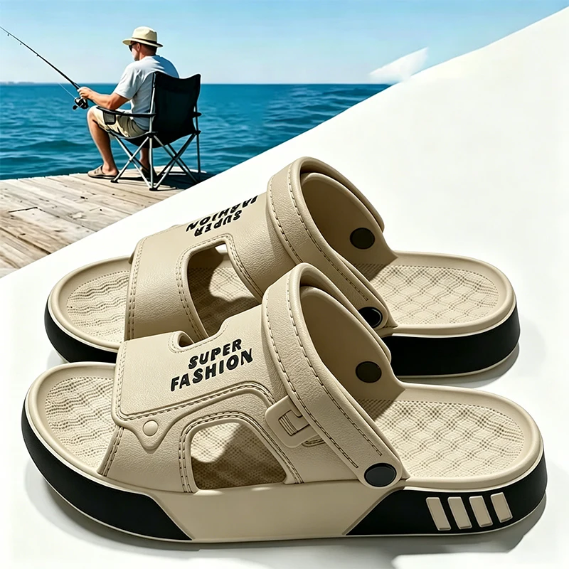 2026 Summer Outdoor Waterproof Slippers Men Eva Soft Lightweight Platform Beach Sandles Male Thick Sole Non Slip Fishing Slides