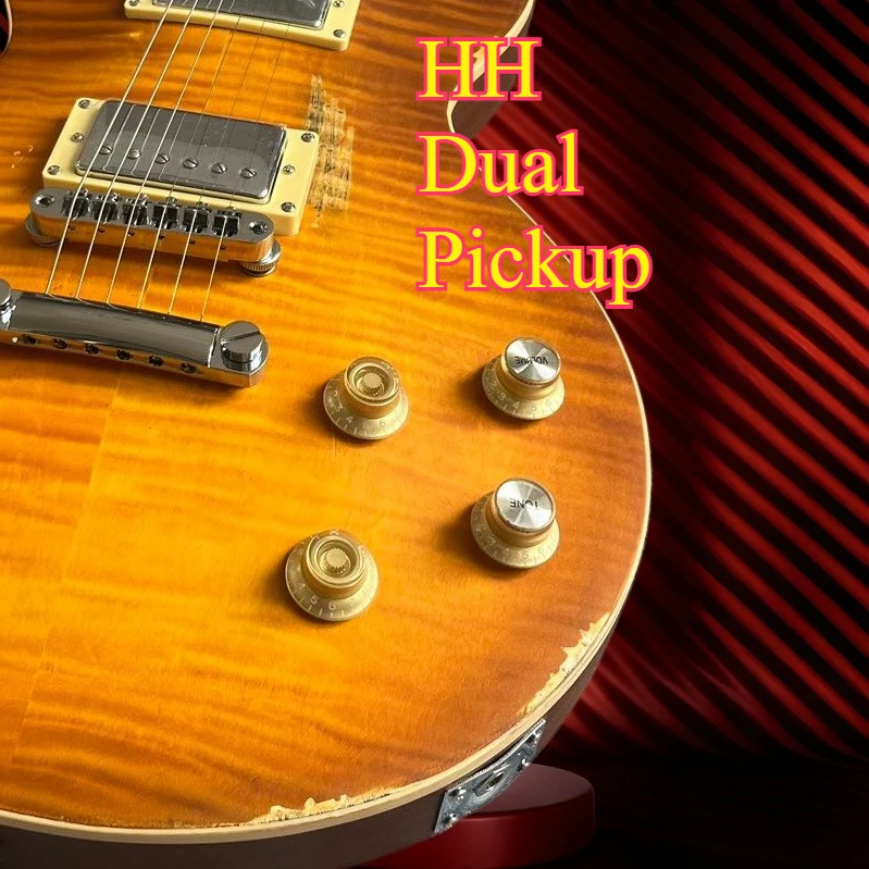 LPOE Honey Tiger Pattern Electric Guitar Retro Vintage HH Dual Pickup Hard Rock Blues Heavy Metal Playing Guitar Beginner
