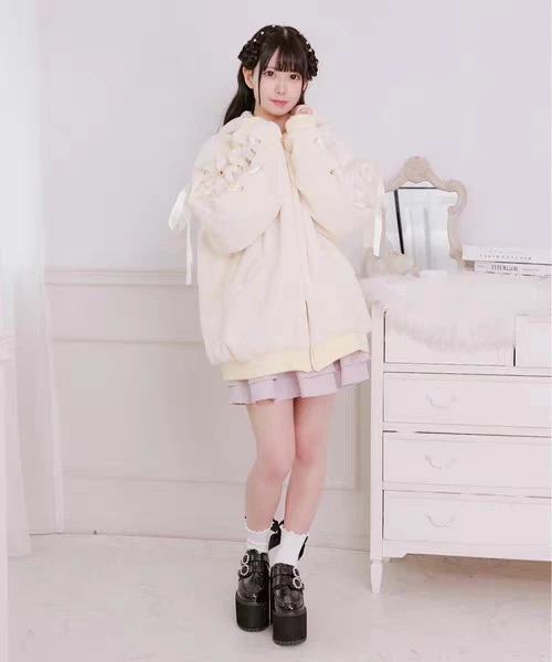 2025 Winter New Japanese Style Soft Girl Cute Bunny Ear Plush Coat Thickened Warm Eco-Friendly Faux Fur Cotton Jacket