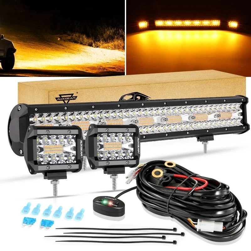 Auxbeam 3/4/7/12/20 Inch White&Amber LED Light Bar 6 Modes Spot Beam LED Work Light for Truck Pickup Offroad