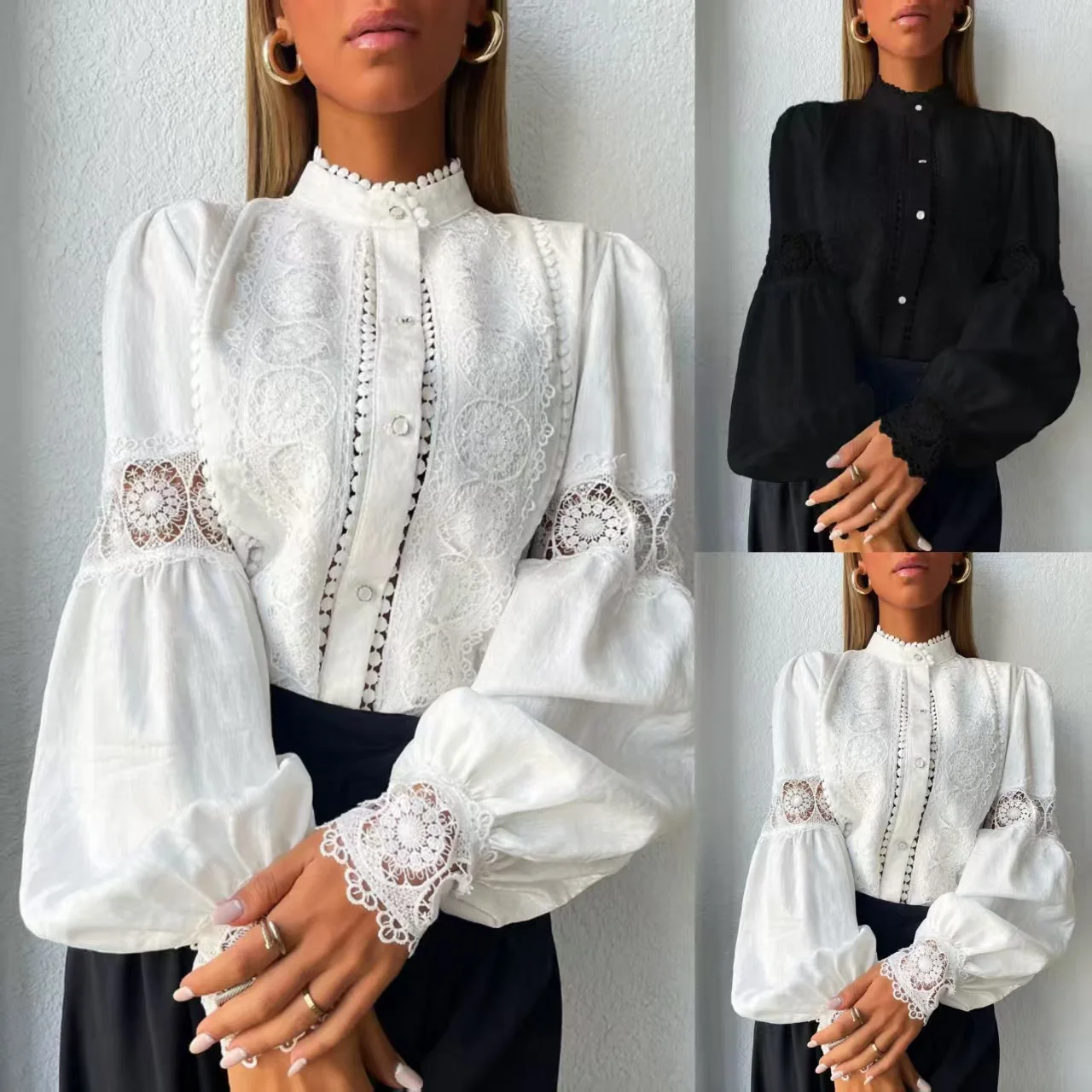 

New European and American Style Women's Shirt, Lace Spliced Lantern Sleeve Commute & Casual Blouse