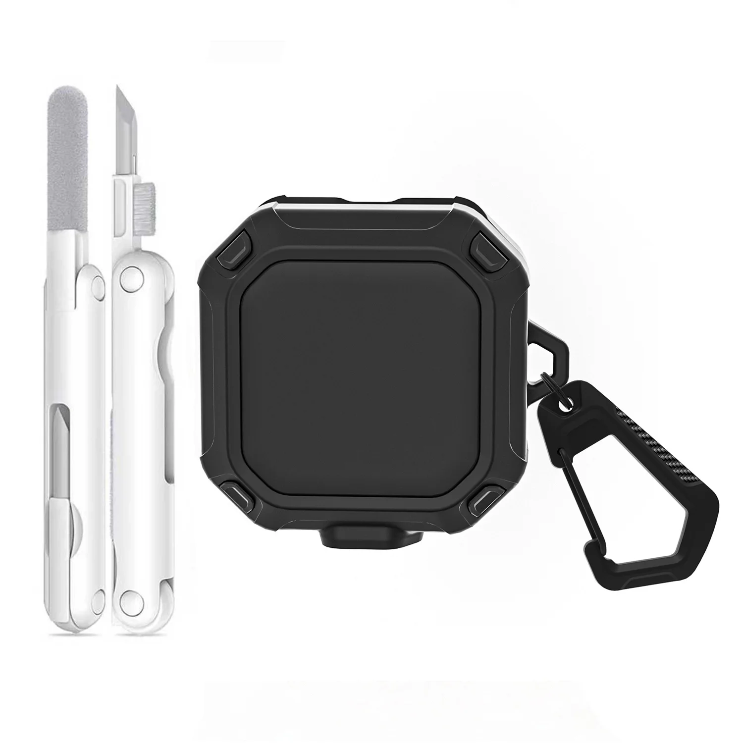 

Чехол для наушников Samsung Galaxy Buds4 / Buds4 Pro в стиле Armor с ручкой для чистки / карабином, прочный защитный чехол из TPU и PC - черный