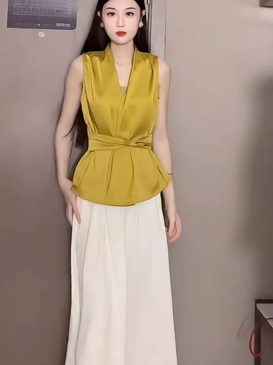 Ele V-ne Svel irt Chaleco Mujer Verano Cinturón Cintura Cinched Faionable Único Top Quali Faionable Mujer S...