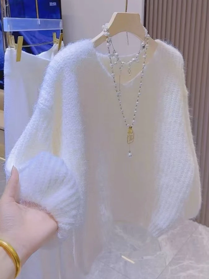 Корейский мягкий пуловер с v-образным вырезом в стиле ретро, женский осенне-зимний вязаный топ свободного покроя, длинный све, теплый термобелье