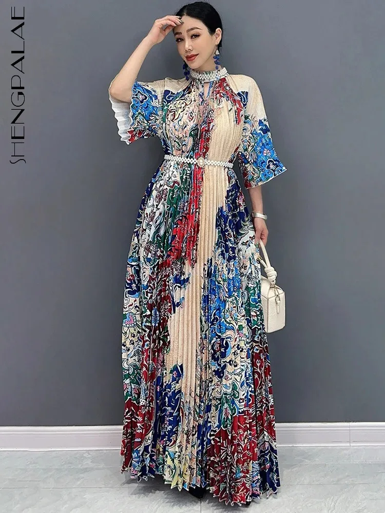 SHENGPALAE 2024 Summer New Fashion Casual Long Dress With Printed Stand Up Collar Loose Middle Sleeve Wrinkled Women Robe 5C1293