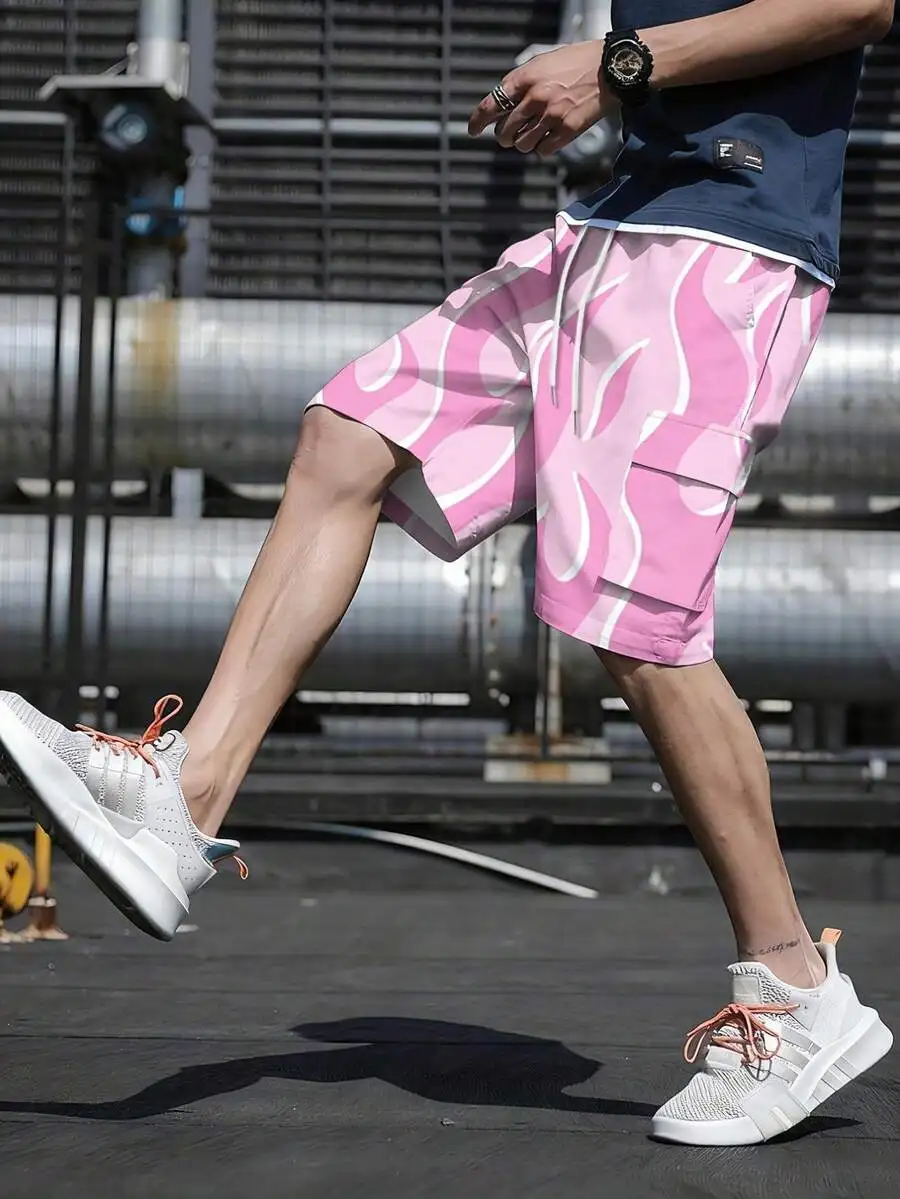 

Mens Pink Flame Print Cargo Shorts Knee Length Drawstring Woven Casual Outdoor
