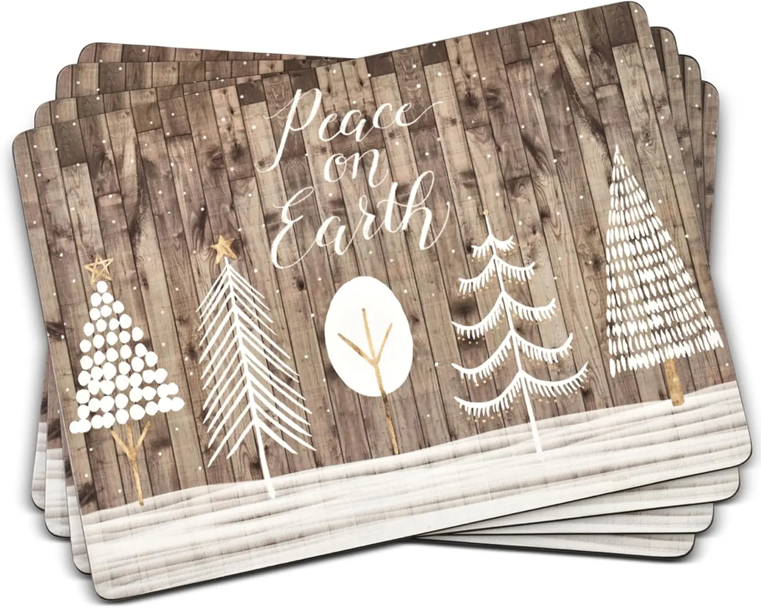 

Набор из 4 праздничных салфеток в деревенском стиле, снежные деревья на винтажной деревянной доске, термостойкая пробковая спинка для праздничного декора столовой