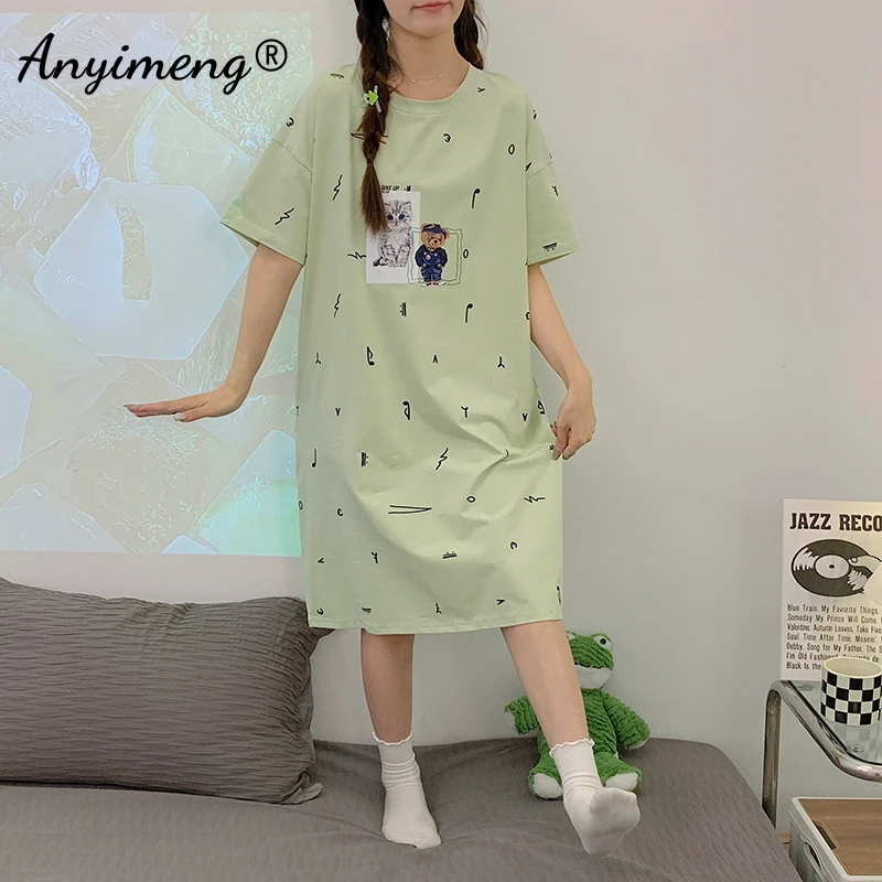 Summer Women Nightdress HQ 100% Cotton M-4XL Plus Size Nightgown Leisure Sleepshirt for Girl Elegant Woman\'s Short Sleeve Dress