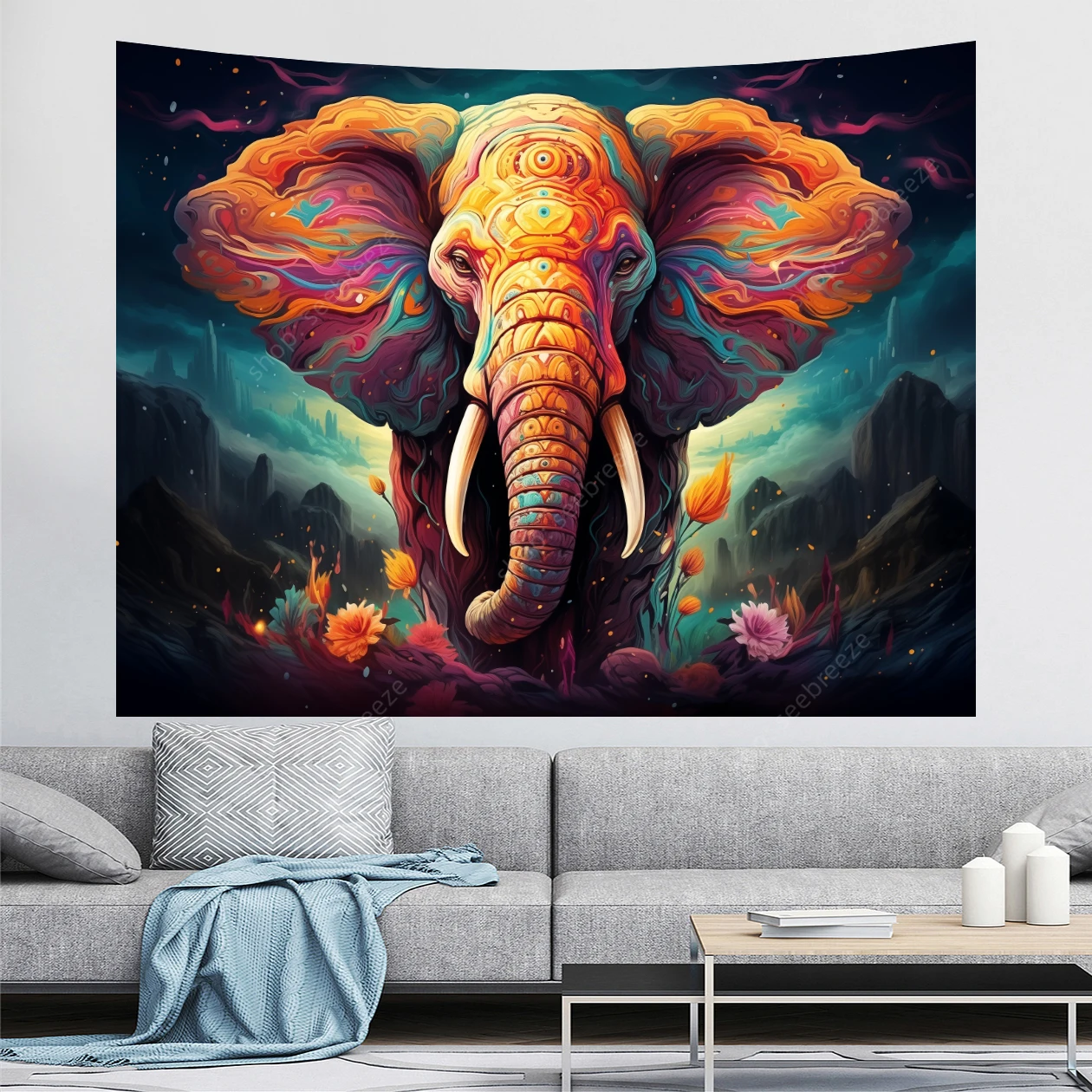 Trippy Elephant Tapestry Boho Watercolor Elephant Wall Tapestry Aesthetic Colorful Cloud Poster Spiritual Meditation Tapestries