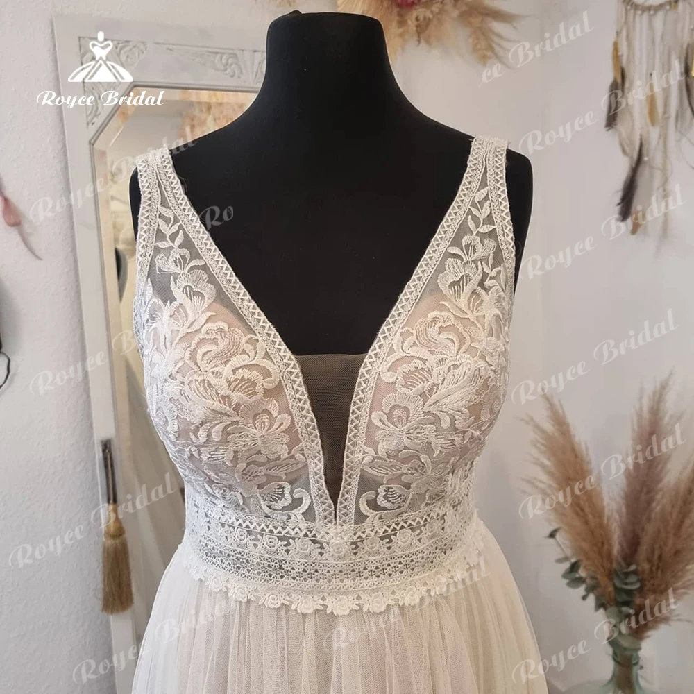 Roycebridal Plunging Lace Bodice Tulle Beach Wedding Dress A Line Boho Style Beach Wedding Bridal Gown robe mariage femme