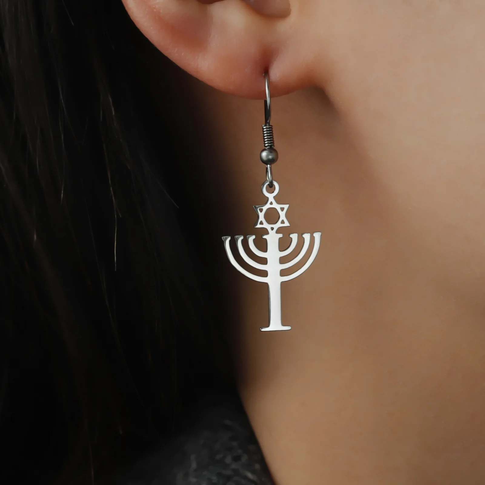 Stainless Steel Earrings for Women Hypo-Allergenic Mini 7 Candle Stick Menorah with a Star of David Earring for Hanukkah 24*16mm