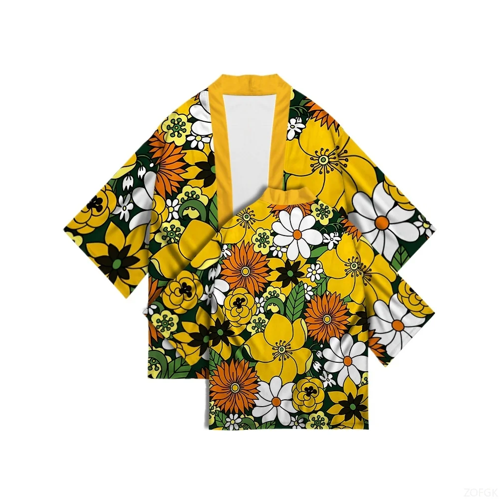 سترة صيفية على الطراز الياباني Ukiyo-e، عباءة كيمونو، سترة مطبوعة رقمية ثلاثية الأبعاد على الطراز الصيني منسوجة بالريش