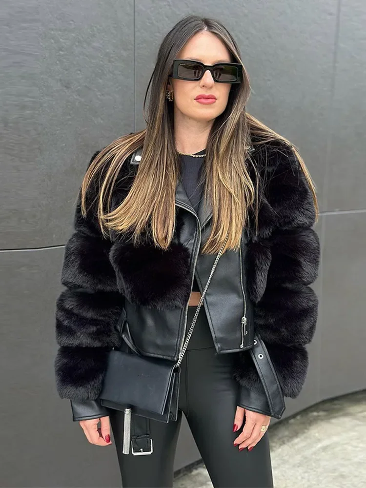 Vrouwen Korte Nepbont Jas Vrouwen Pu Leer Patchwork Lange Mouw Rits Pluizige Vrouwelijke Dikker Jas Winter Luxe Dame Uitloper