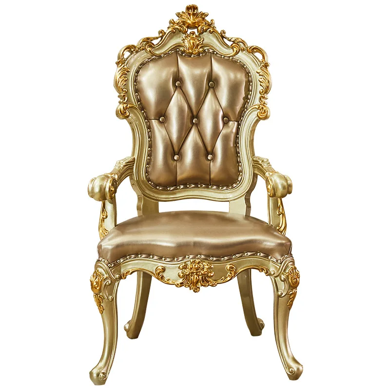 Leather dining chair All solid wood double-sided carved noble gold leather chair Household dining table and chairs with armrests